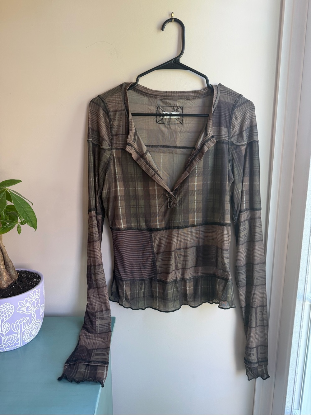 We The Free Olive and Brown Plaid Semi-Sheer Long Sleeve Top